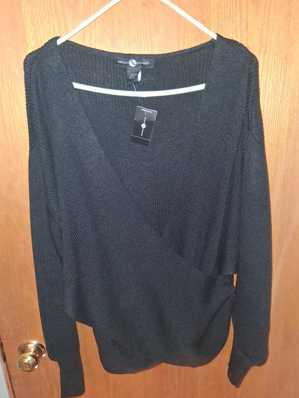 Ashley Stewart Black V-Neck Wrap Ribbed Pullover